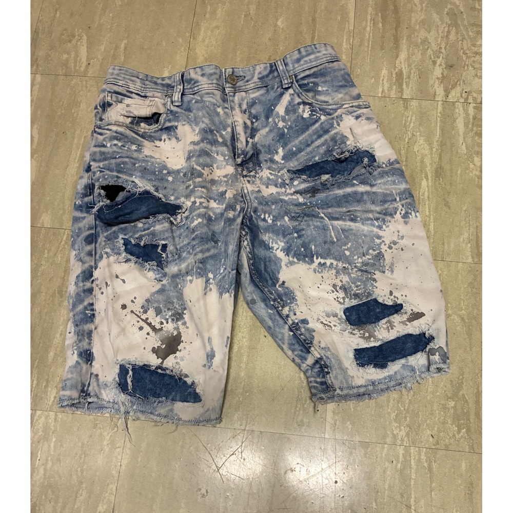 Jordan Craig Mens Distressed Bleach Splatter Denim Shorts Light Wash Blue